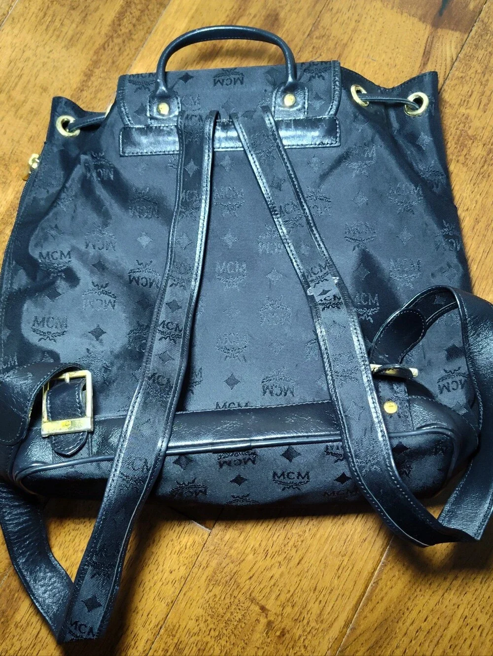 MCM Black Monogram Drawstring Backpack